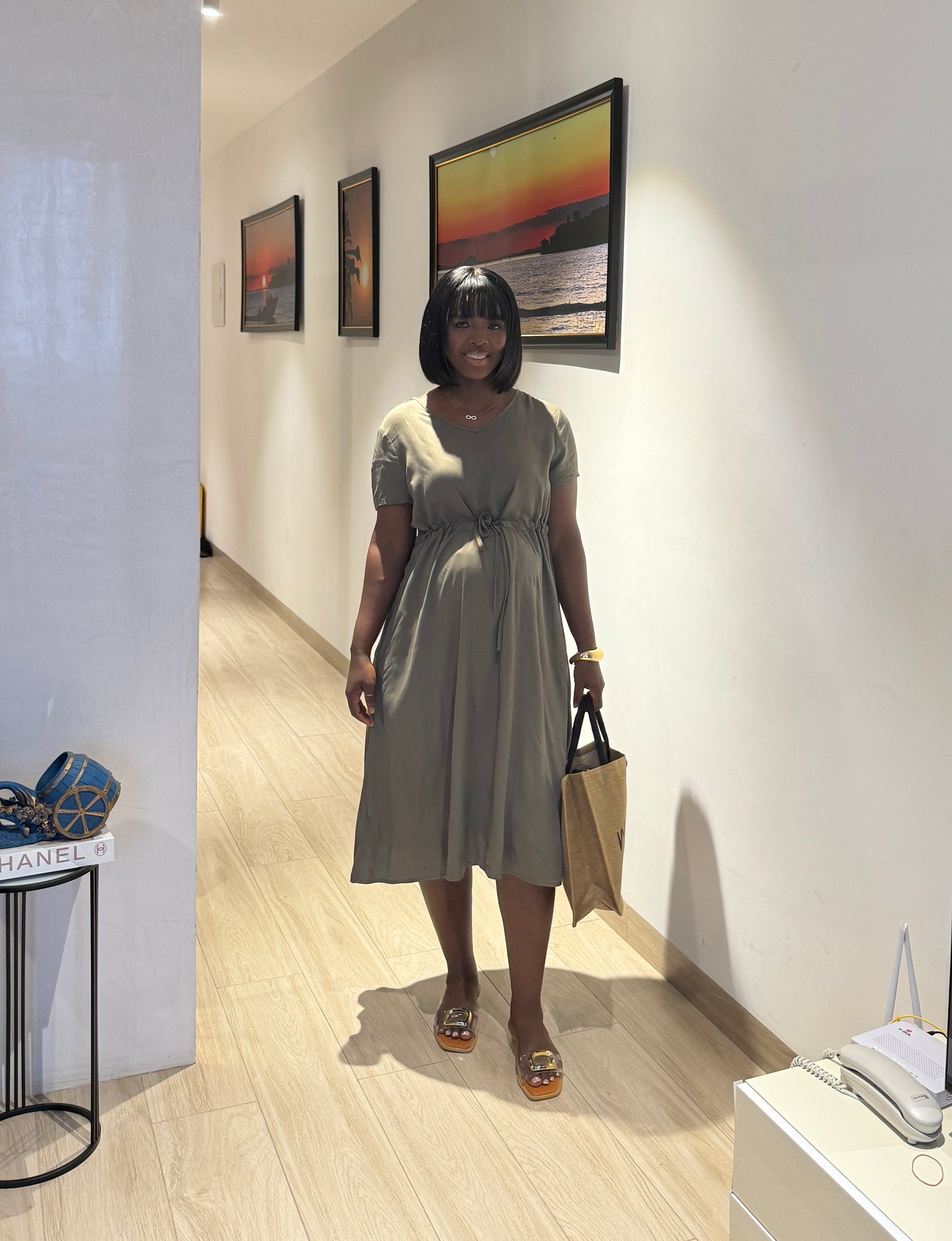 Green Drawstring Maternity Skater Dress