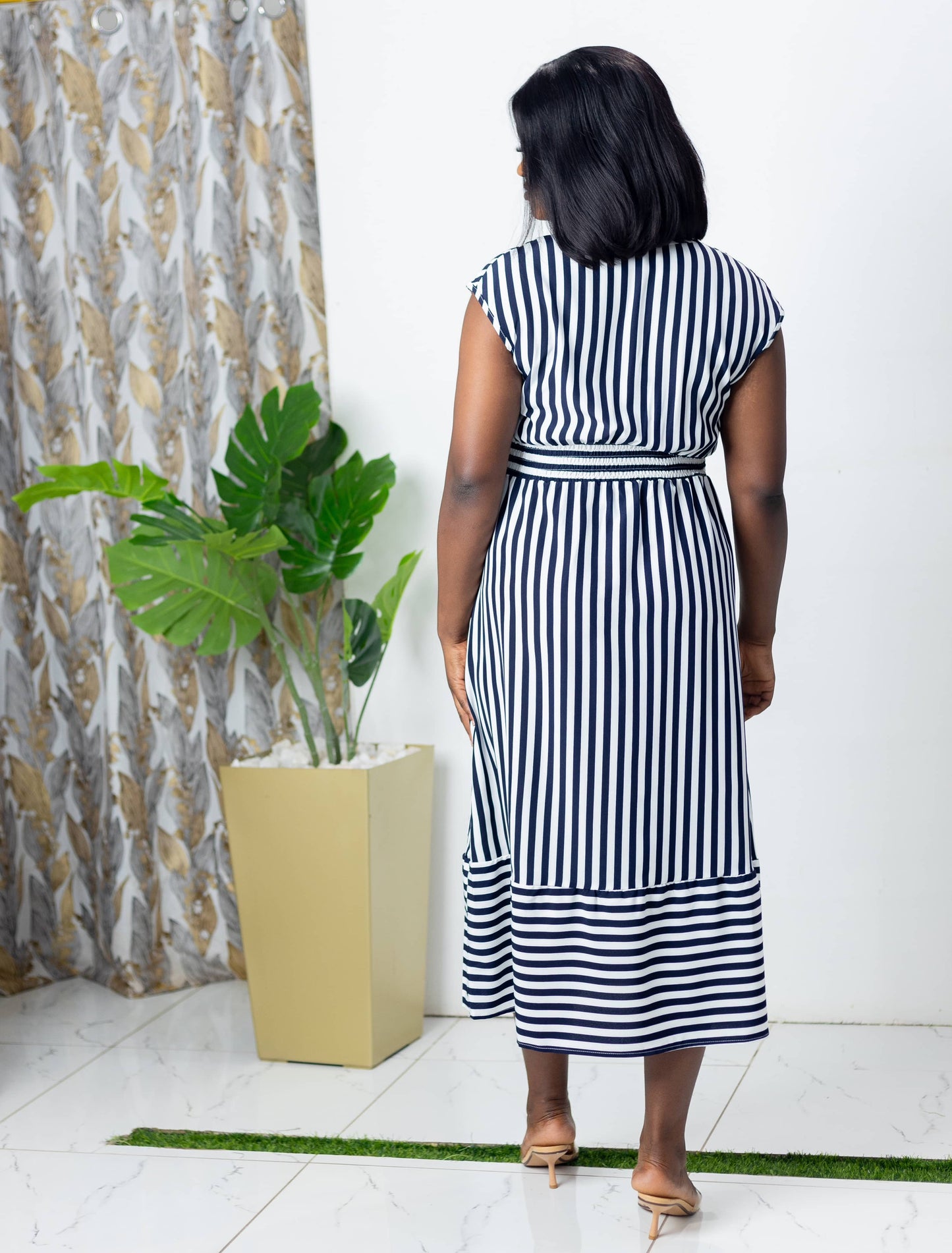 Striped Elastic Waist Maternity Midi Dress