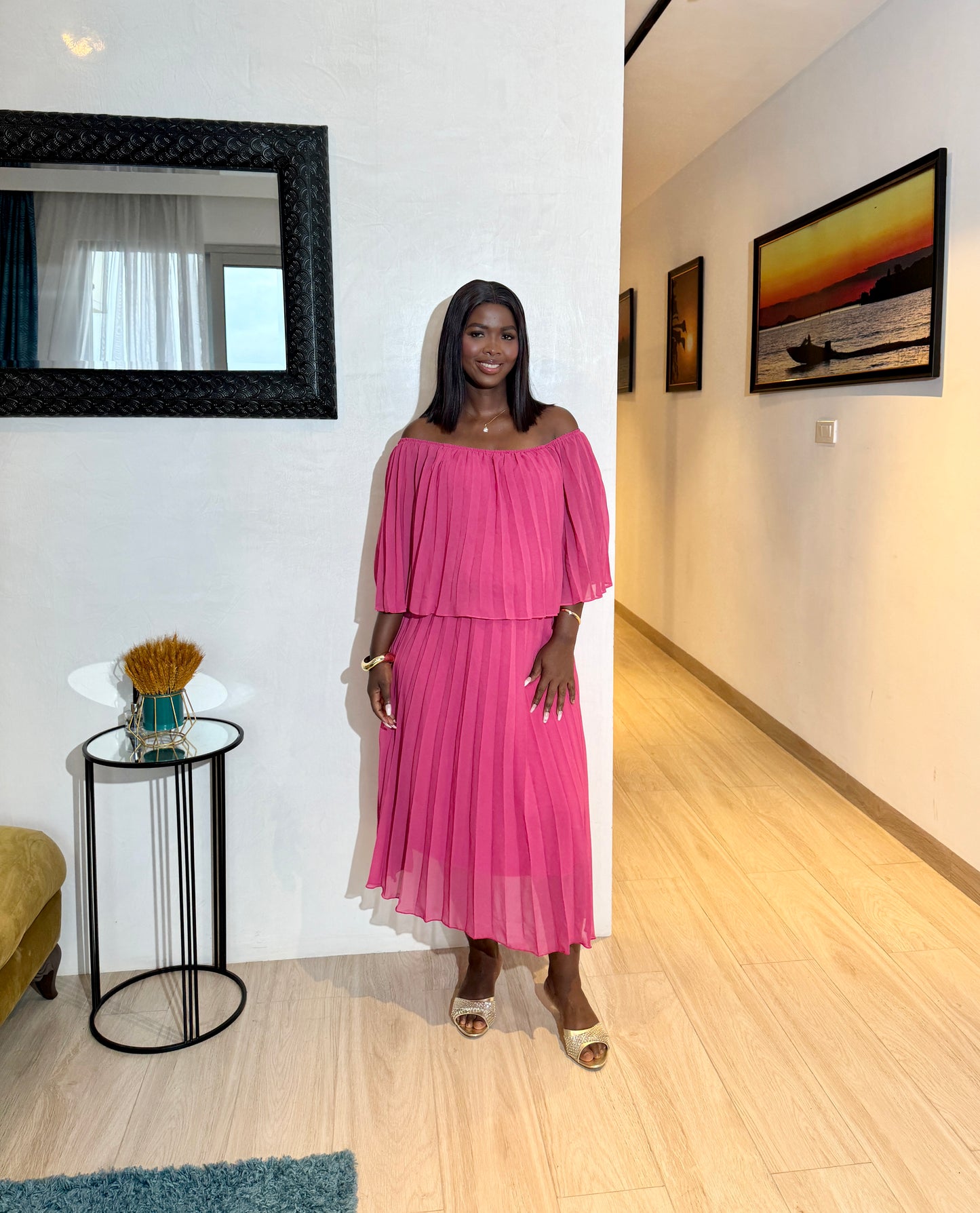 Pink Off Shoulder Overlay Pleated Maternity Dress