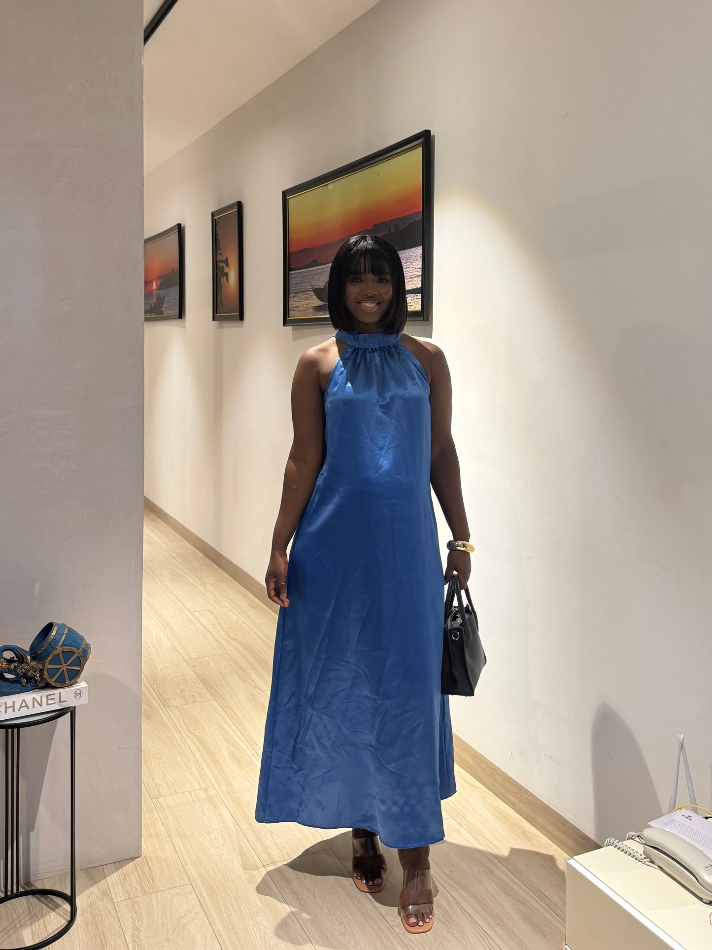 Cobalt Blue Satin Maternity Halterneck Maxi Dress
