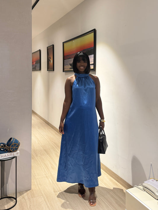 Cobalt Blue Satin Maternity Halterneck Maxi Dress