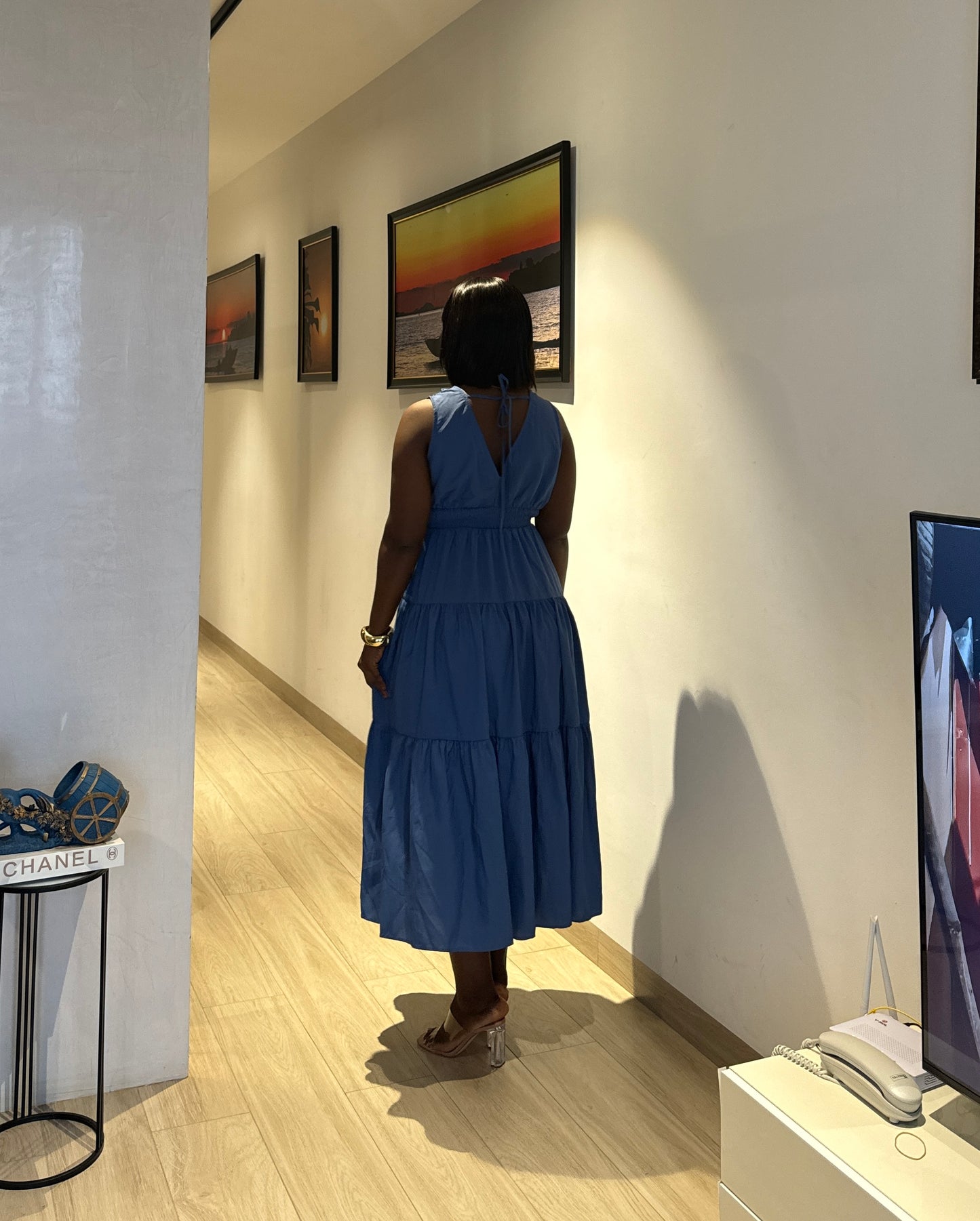 Blue Shirred Waist Tiered Hem Maternity Midi Dress
