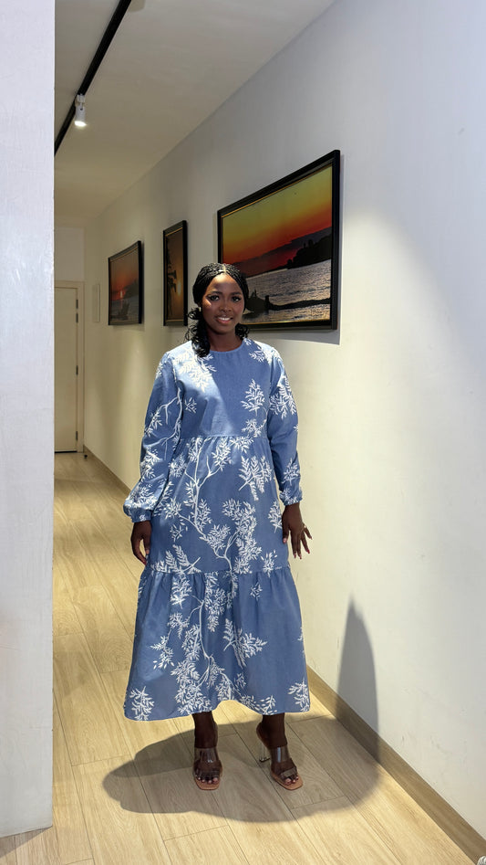 Leaf Print Chambray Tiered Maternity Smock Dress