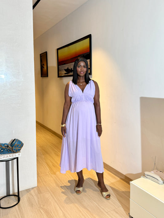 Double Strap Elastic Empire Waist Maternity Midi Dress