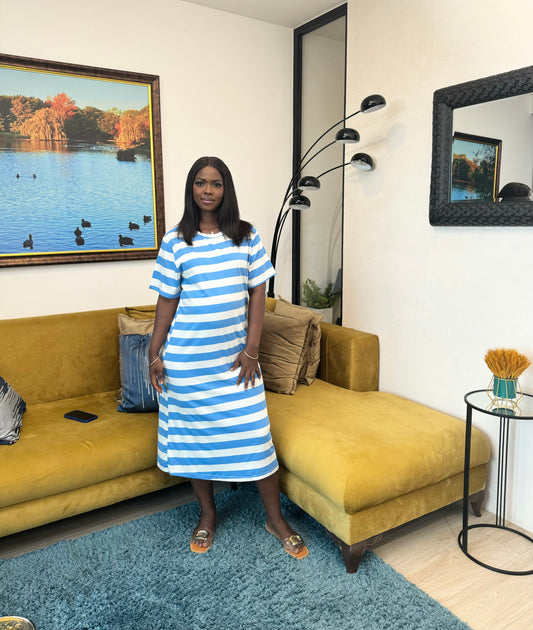 Blue Striped Midi Maternity T-Shirt Dress