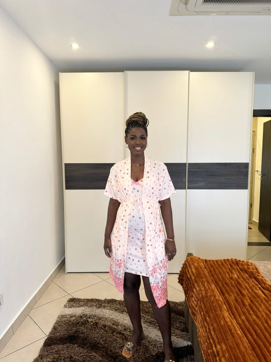 2 in 1 Pink “Swirl Print” Maternity/ Nightgown and Robe Belted Set.