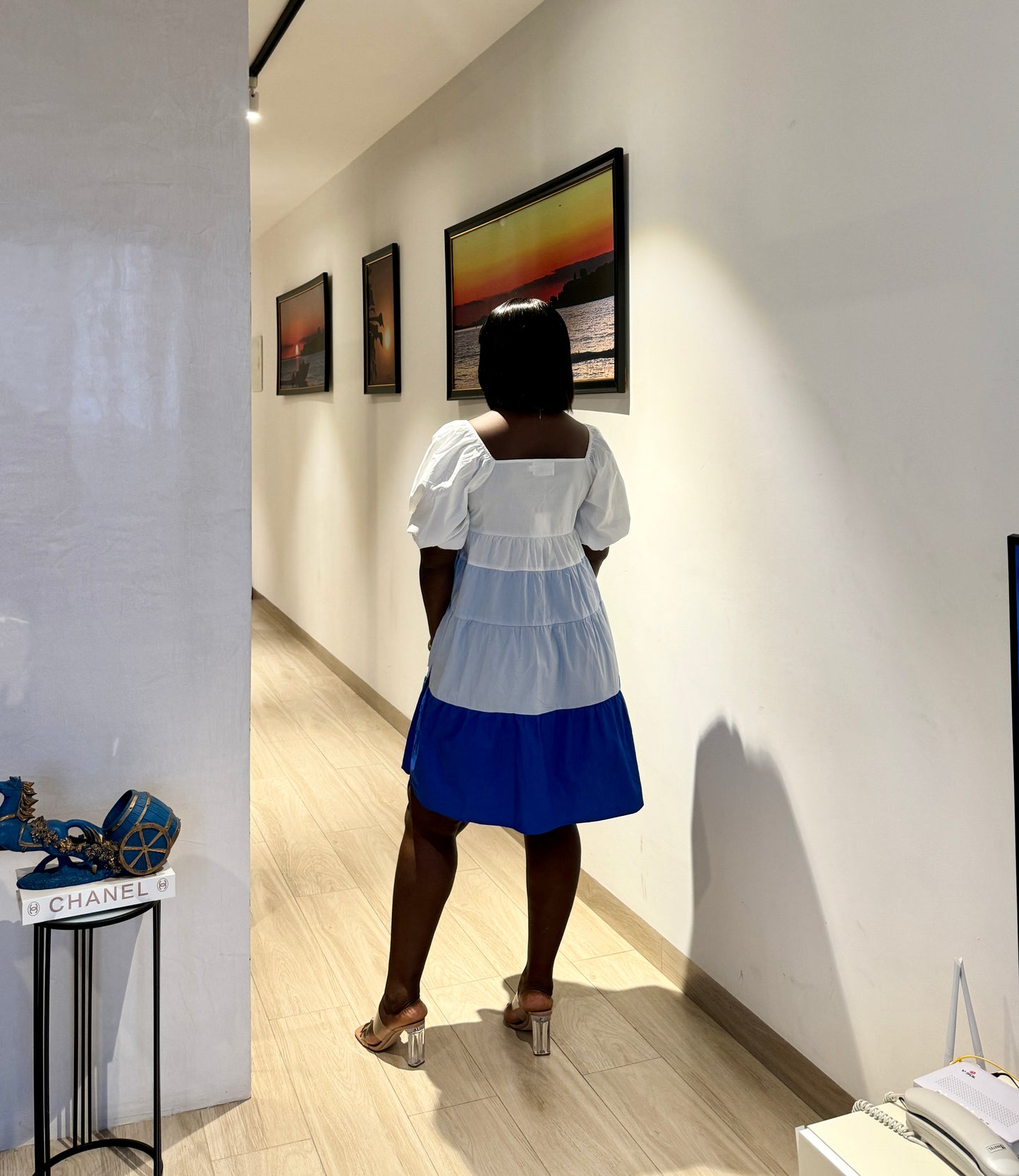 Maternity Blue and White Colorblock  Smock Dress