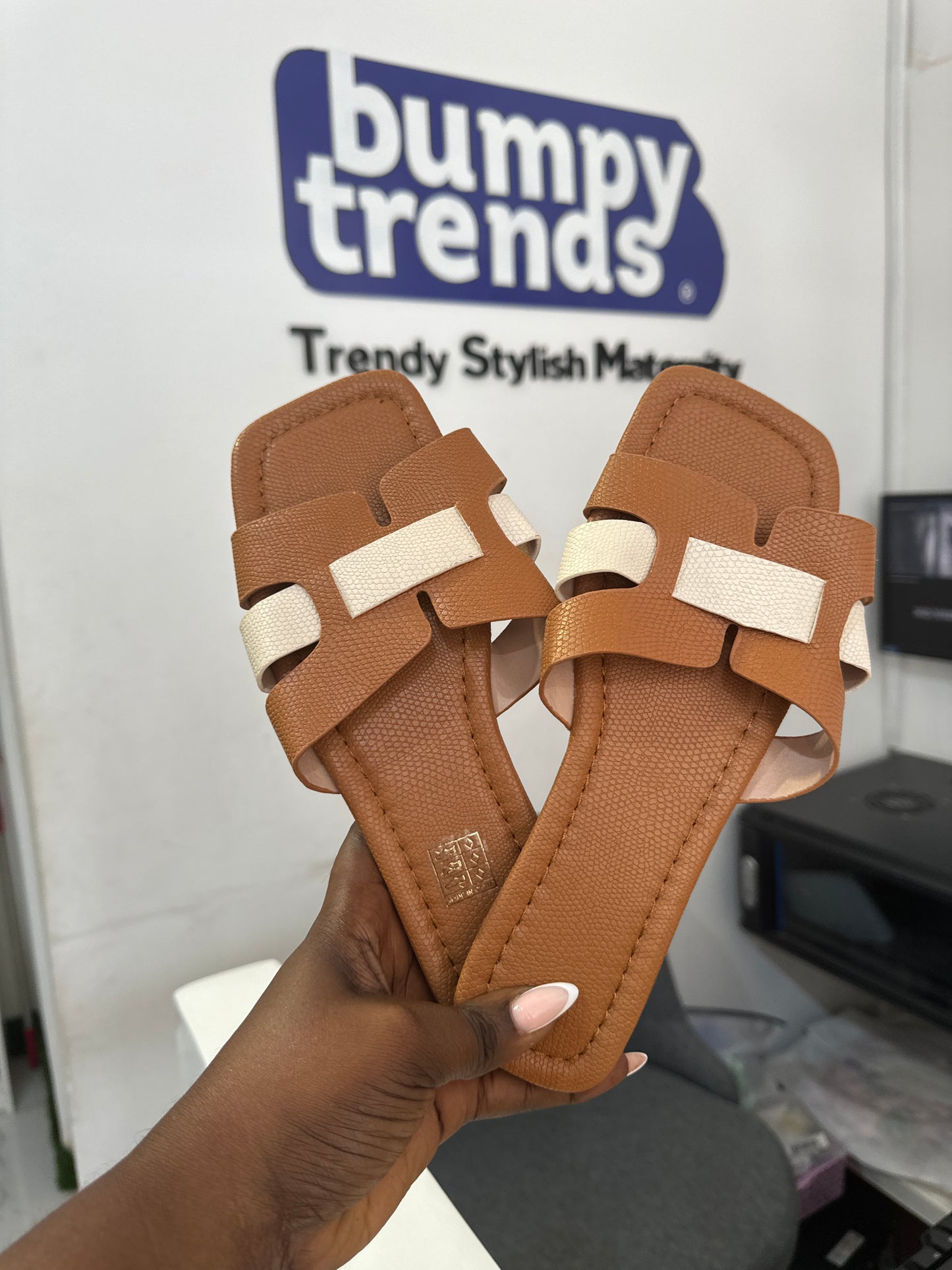 Brown and Beige Interwoven Strap Slides