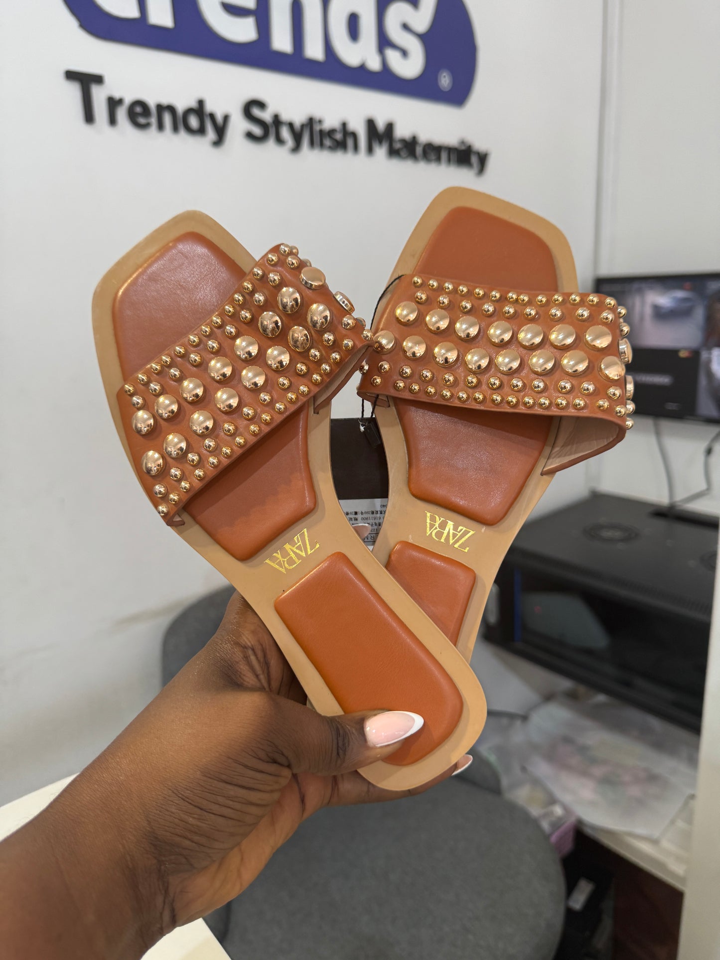 Brown Gold Stud Strap Slides