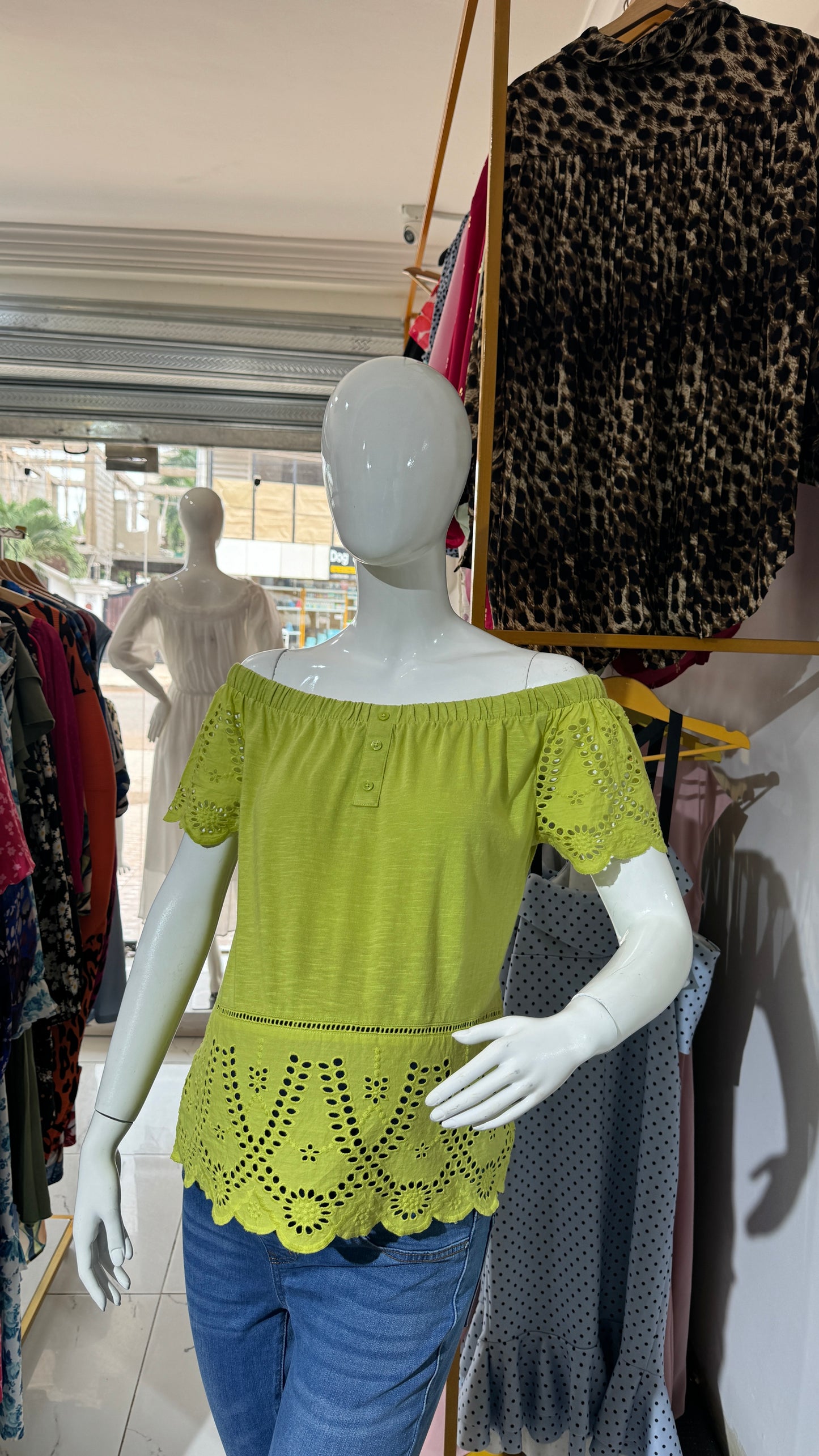 Off Shoulder Embroidered Hem Maternity Green Top