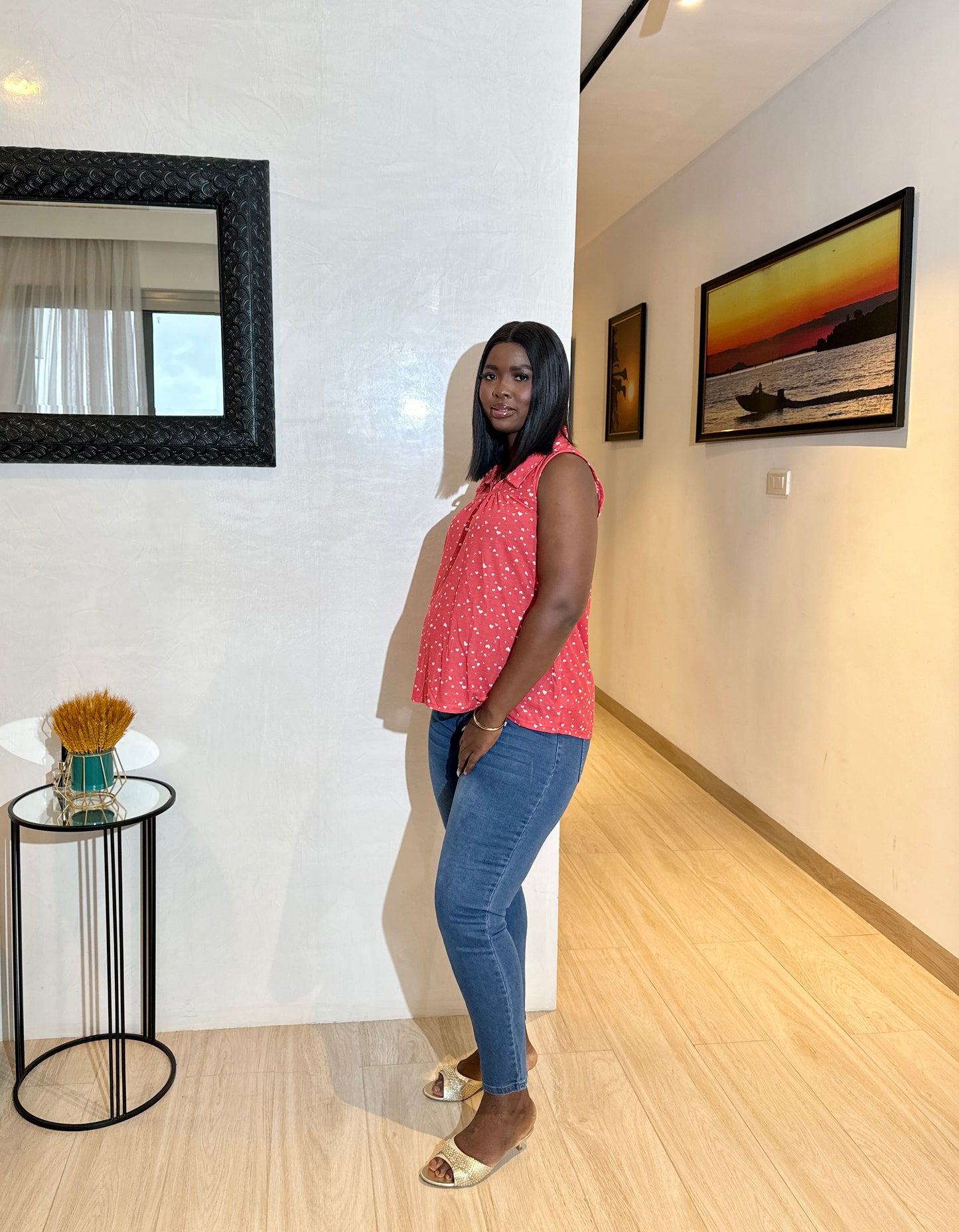 Heart Print Sleeveless Collared Maternity Top