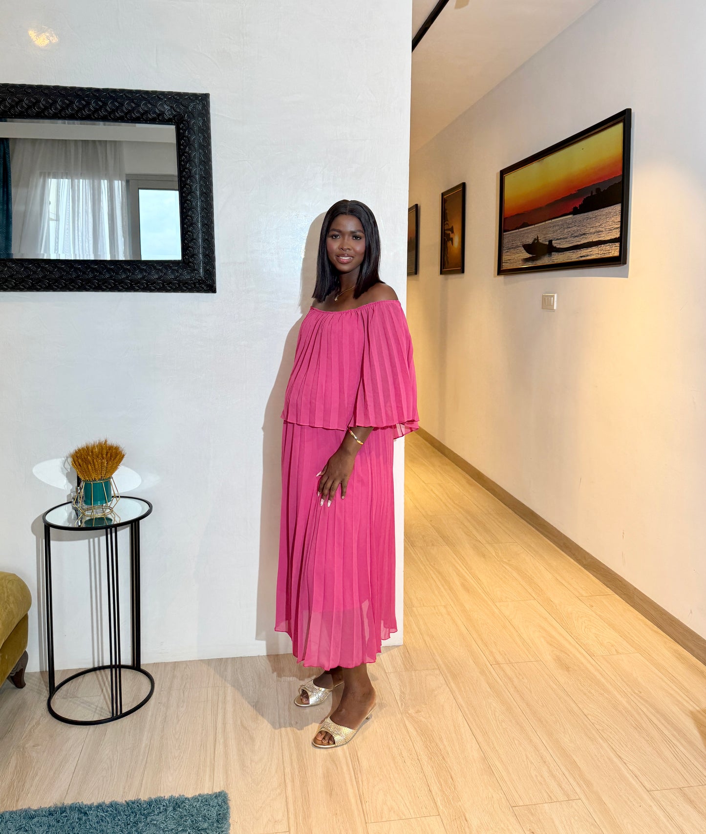 Pink Off Shoulder Overlay Pleated Maternity Dress