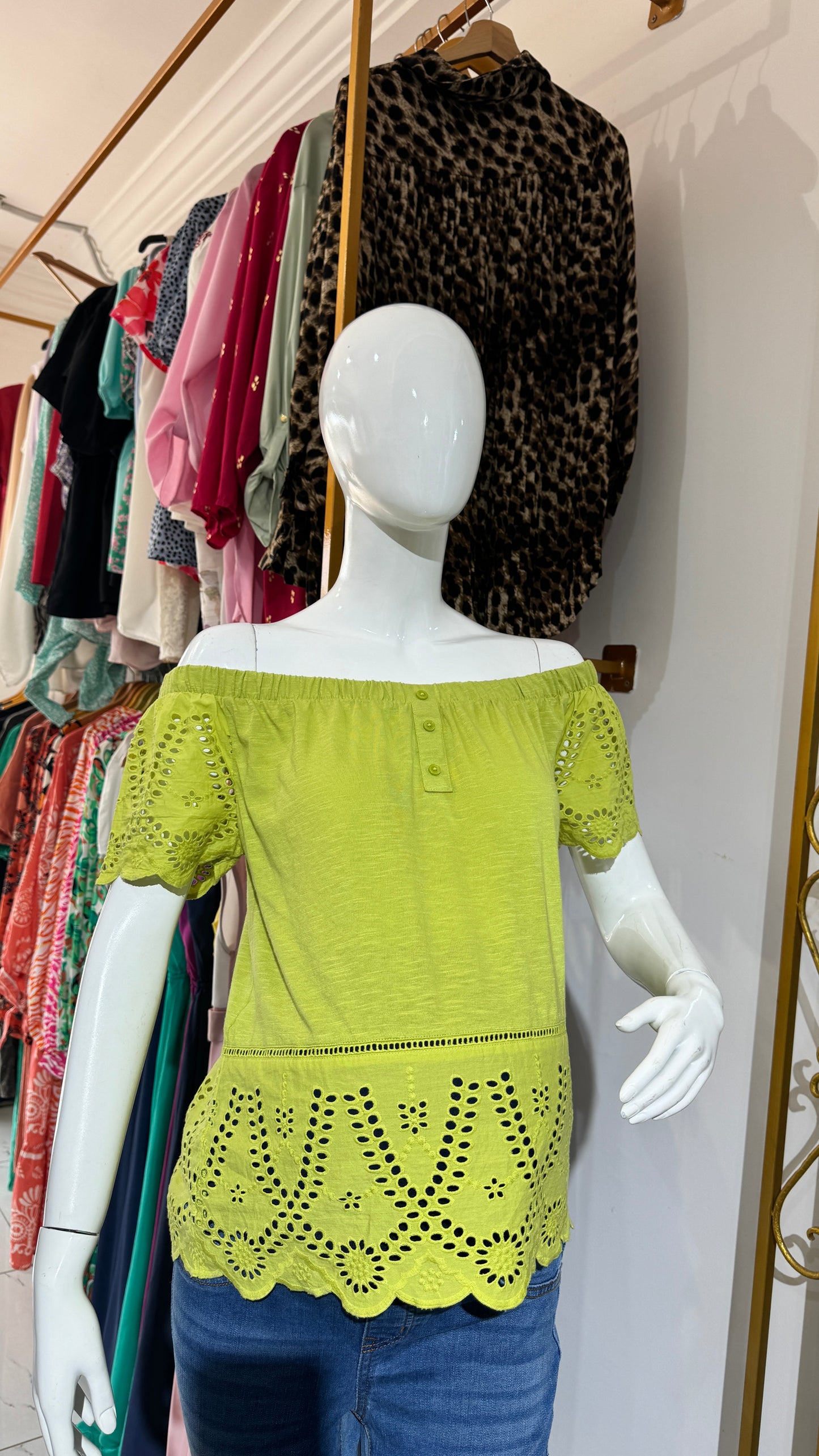 Off Shoulder Embroidered Hem Maternity Green Top