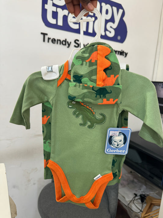Gerber Camo Dinosaur Bodysuit Pants Cap 3 pack Set