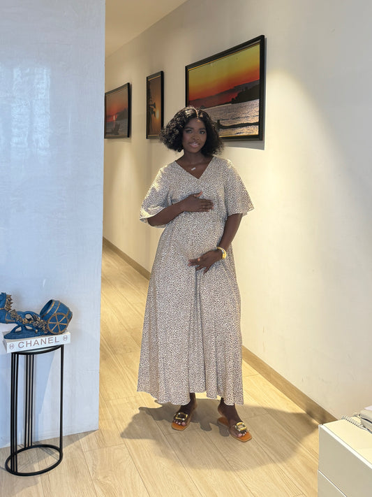Brown Print Elastic Waist Maternity Dress