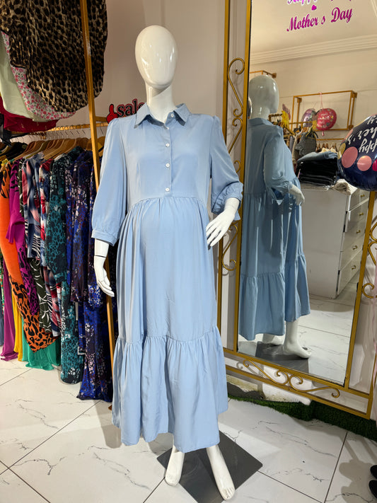 Maternity/Nursing Buttoned Blue Tiered Smock Dress