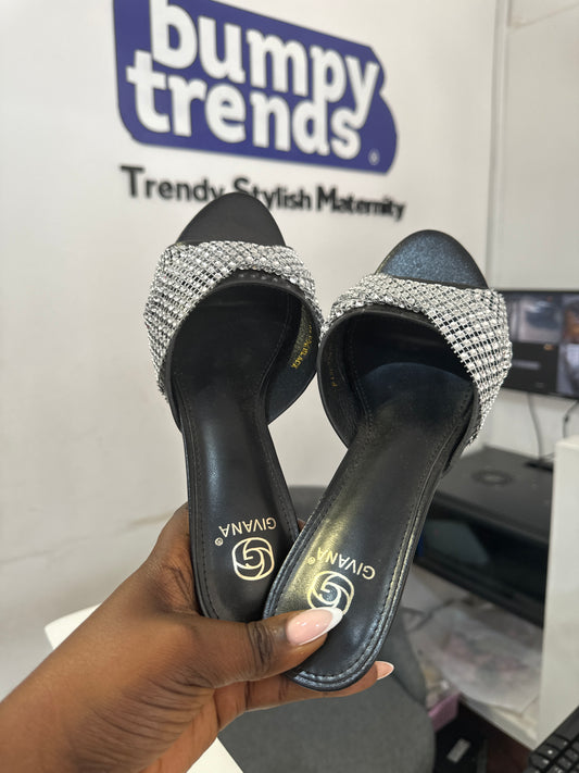 Black Encrusted Front Kitten Slide Mule Heels