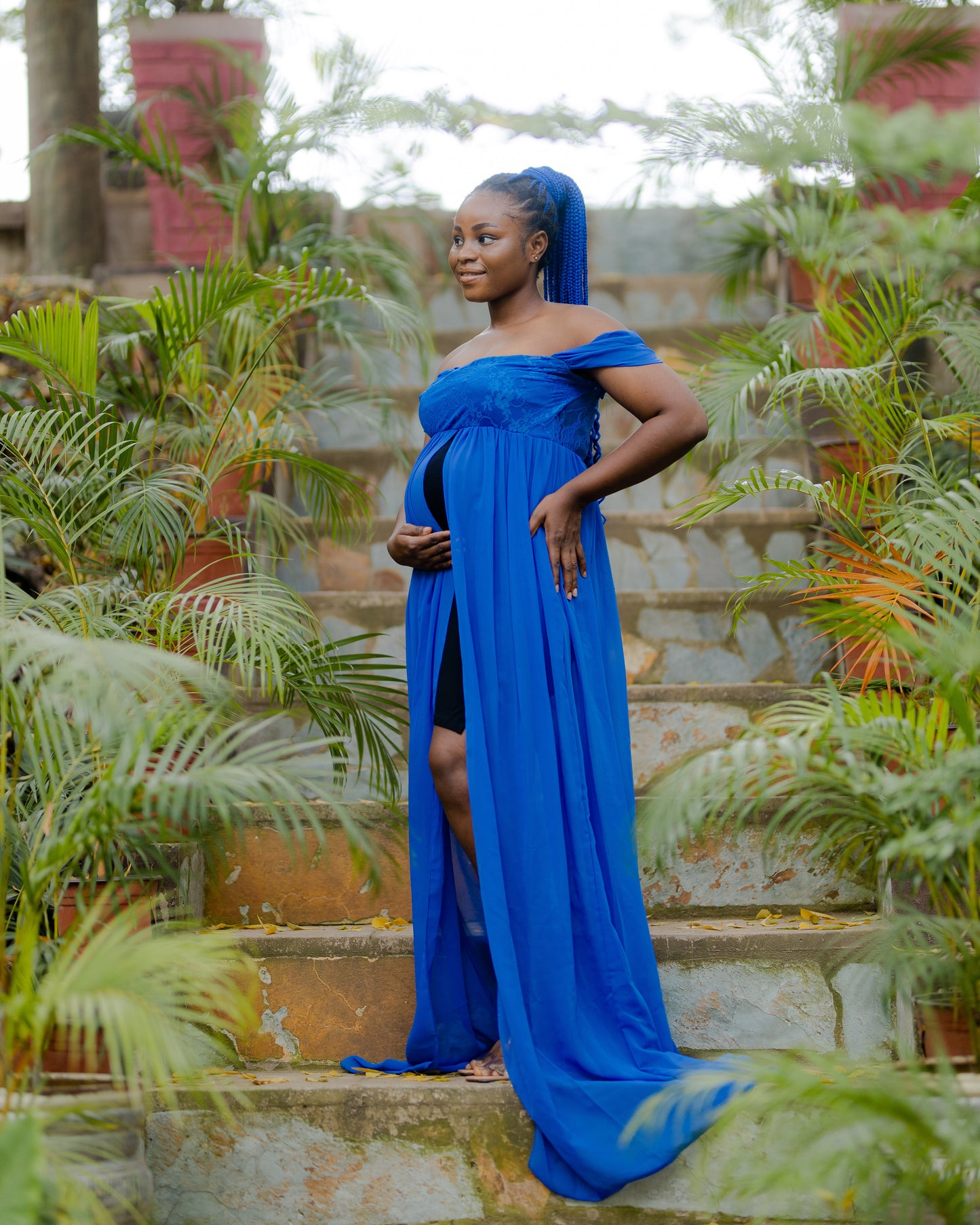 Blue Front slit Bardot Maternity shoot gown