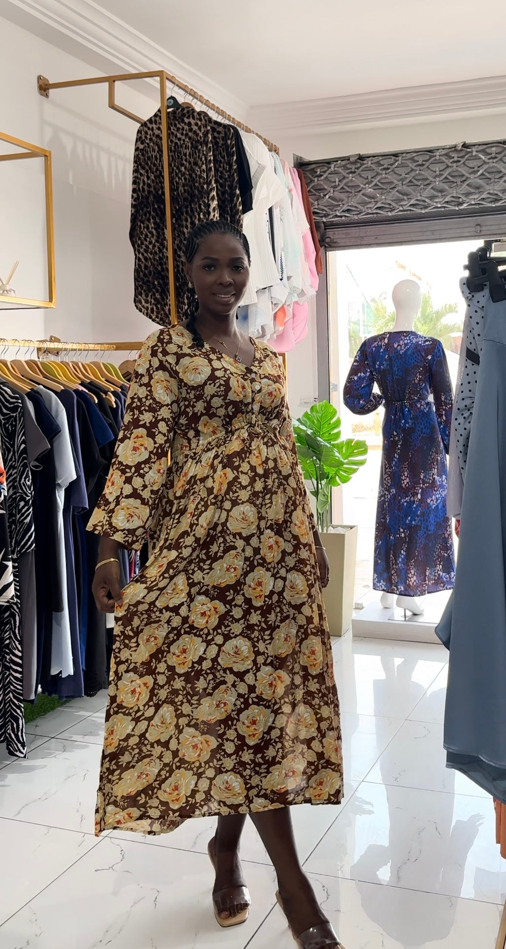 Brown Floral Maternity Drawstring Midi Dress