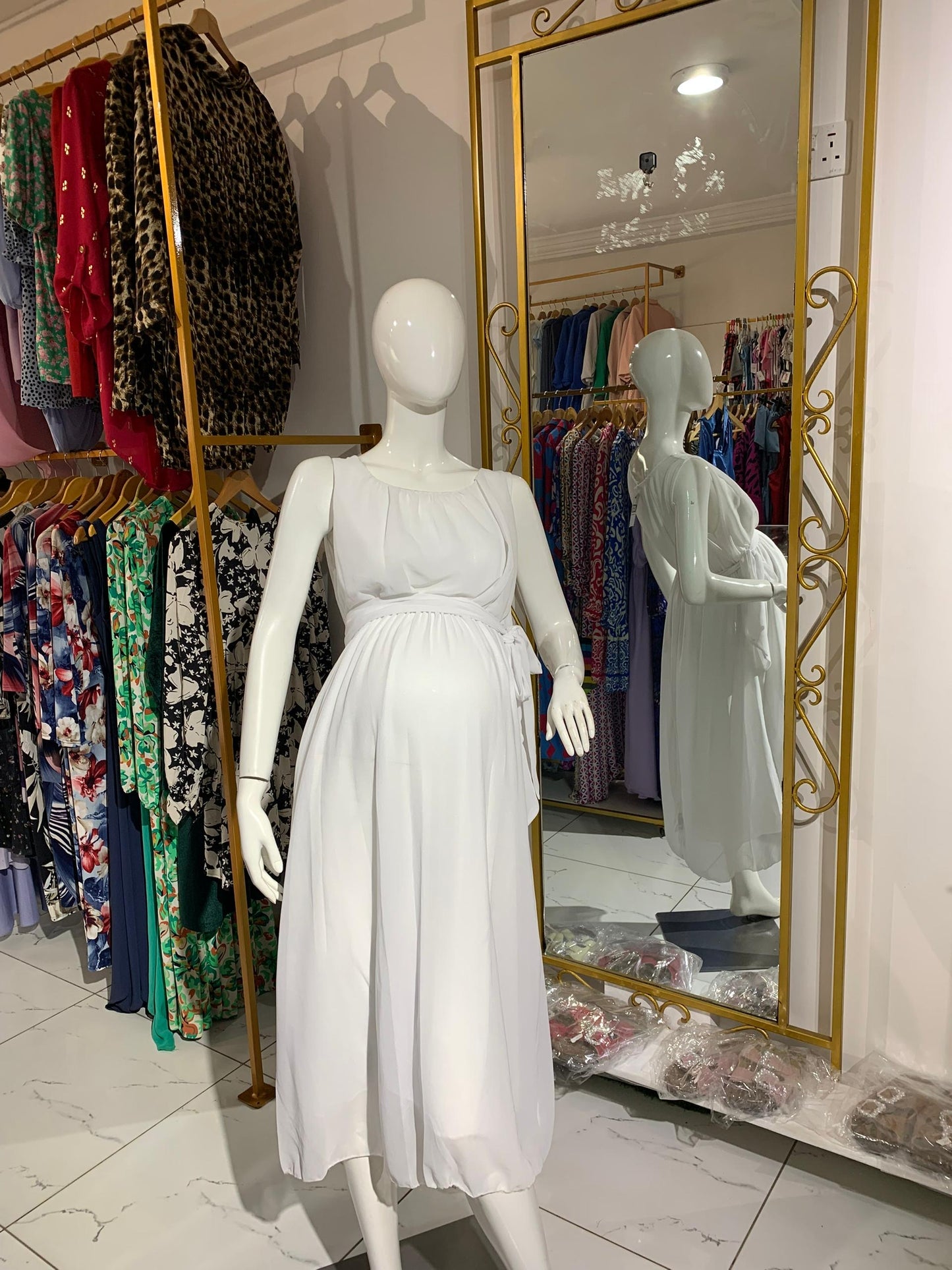 Chiffon Belted Maternity White Skater Dress