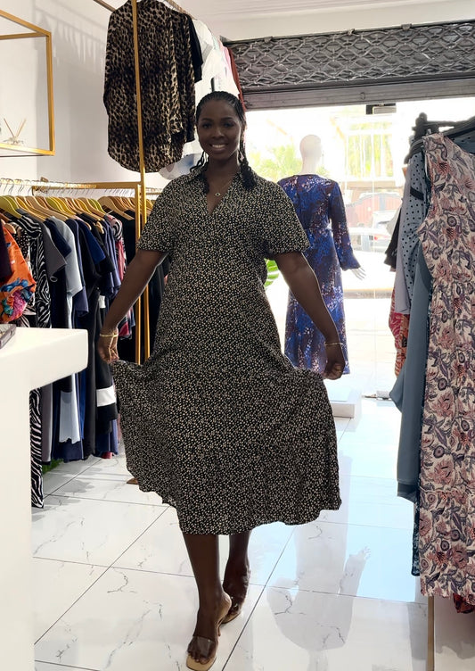 Maternity Collared Black Print Midi Smock Dress