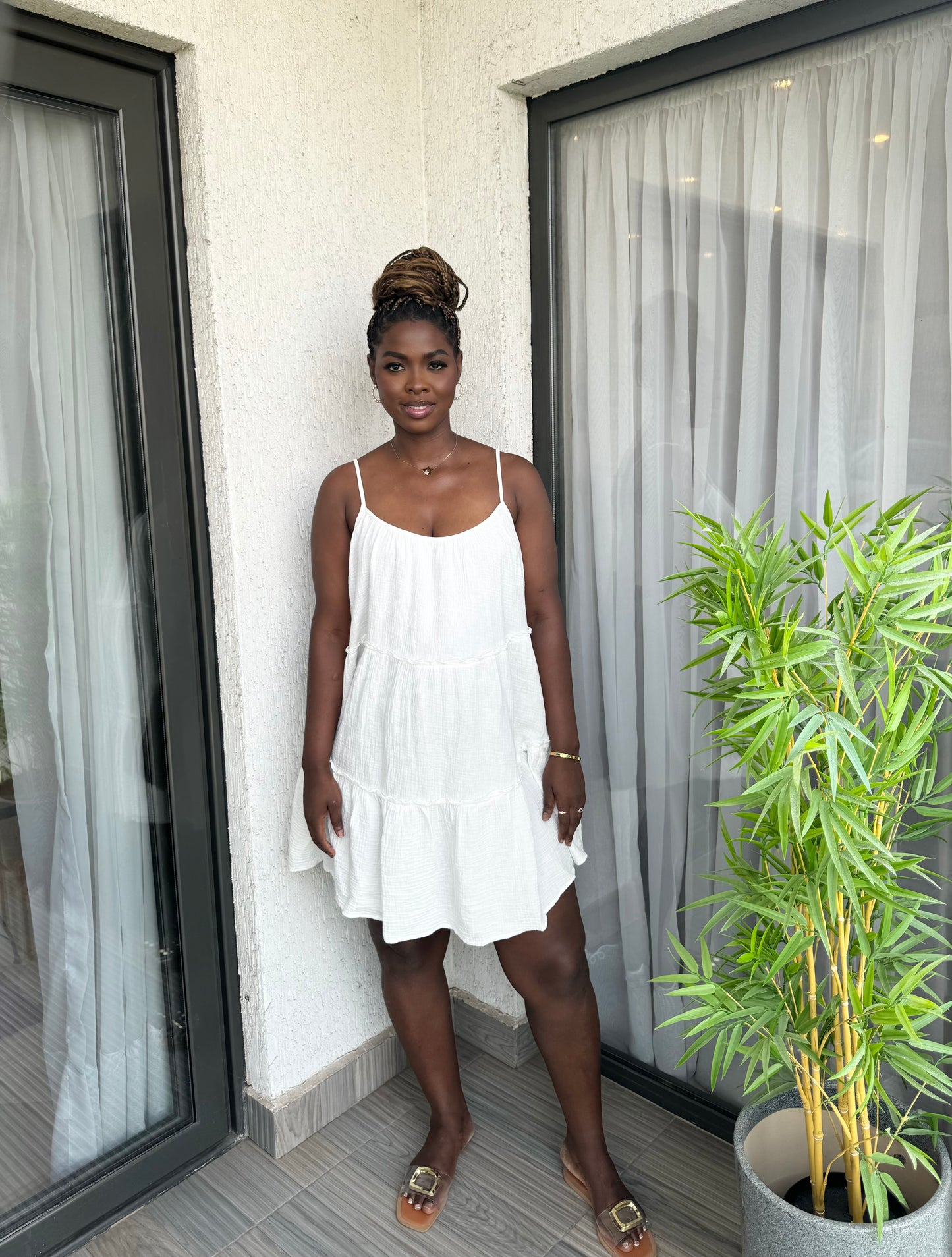 White Sleeveless Strap Maternity Smock Dress
