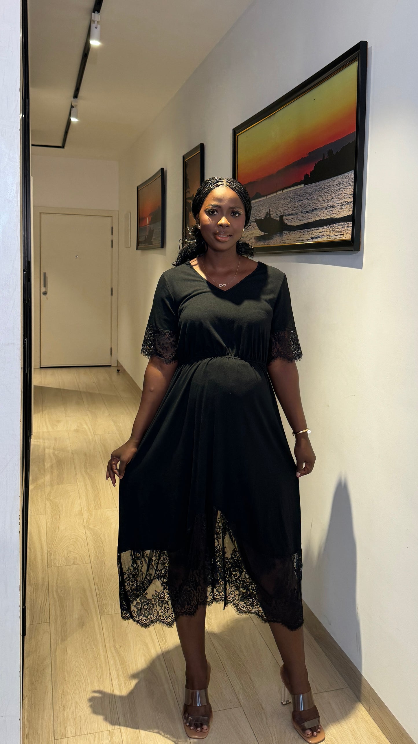 Maternity Lace Hem Midi Skater Dress