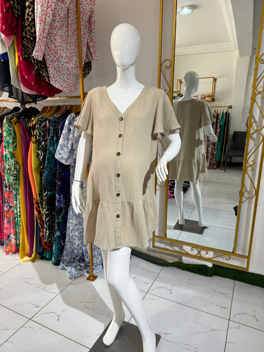 Nude V-Neck Button Front Smock Dress