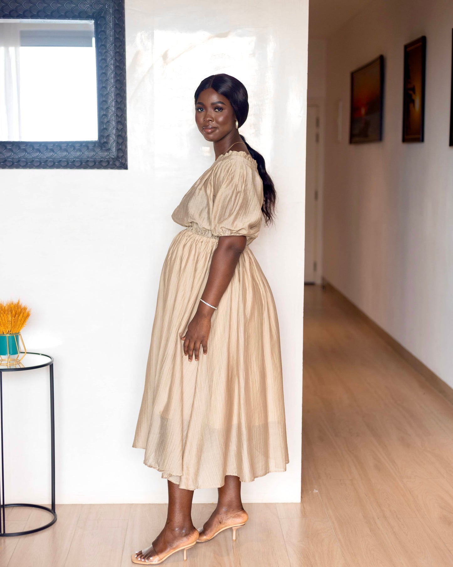 Nude Elastic Waist Maternity Midi Skater Dress
