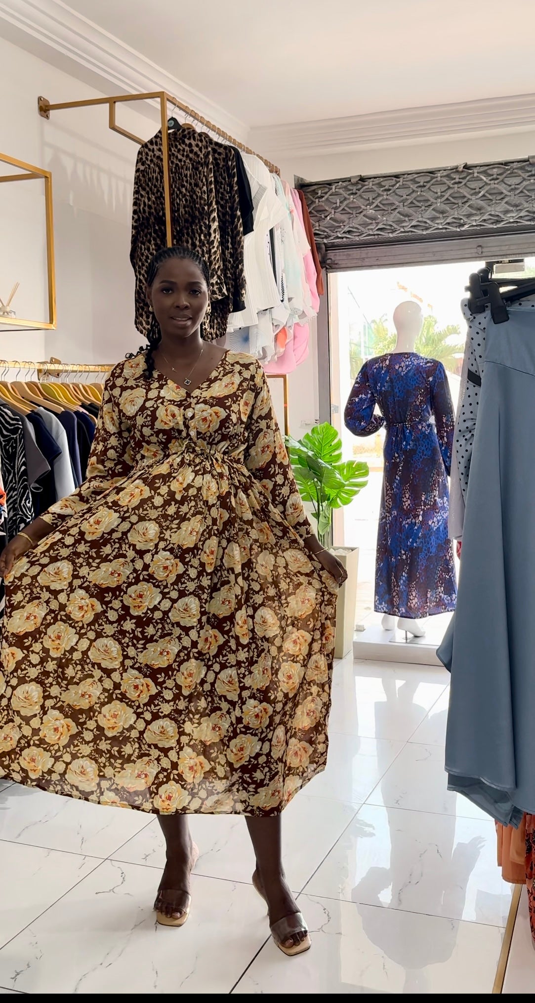Brown Floral Maternity Drawstring Midi Dress