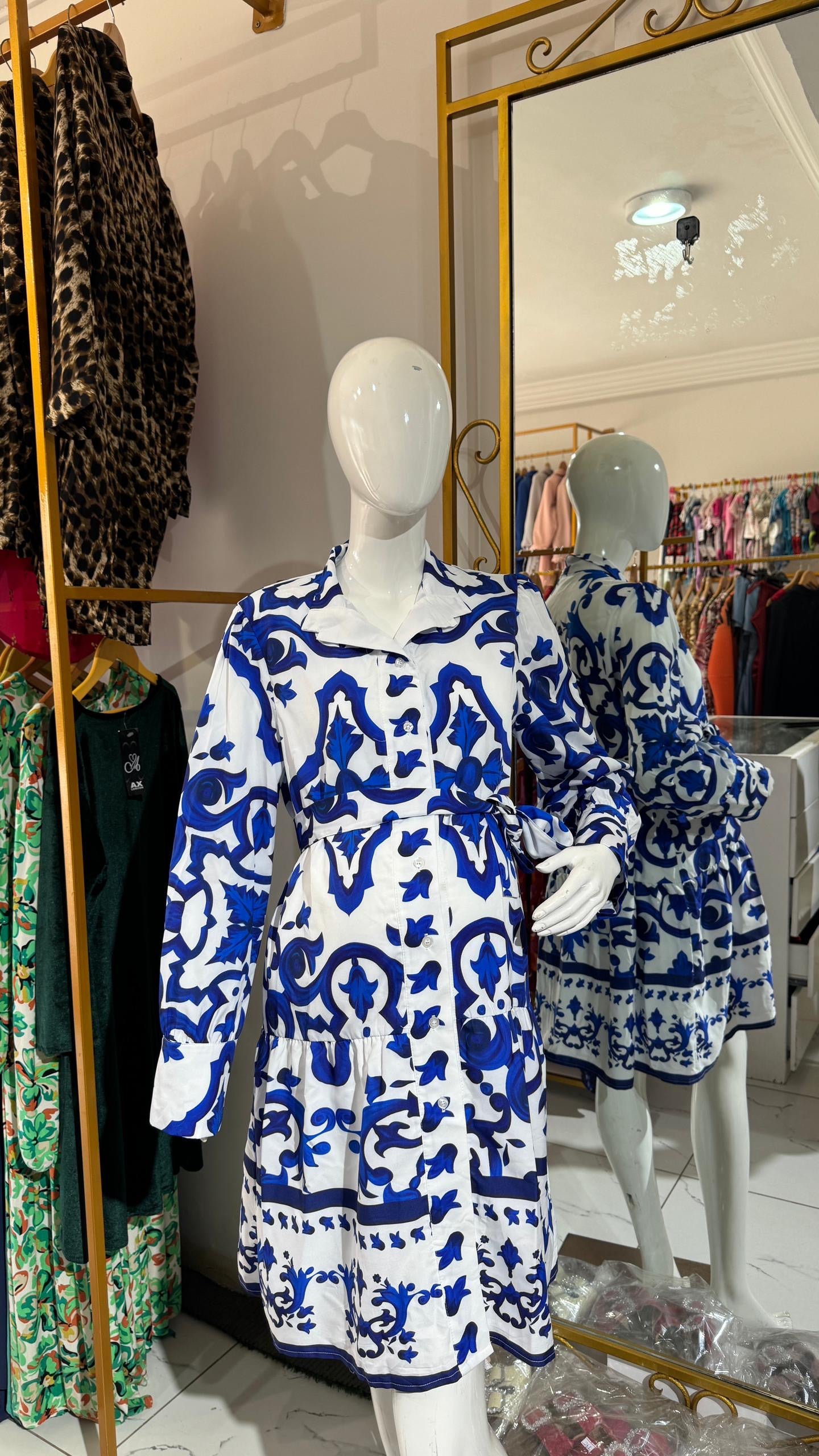 Maternity/Geometric Print Belted Shirt Dress.