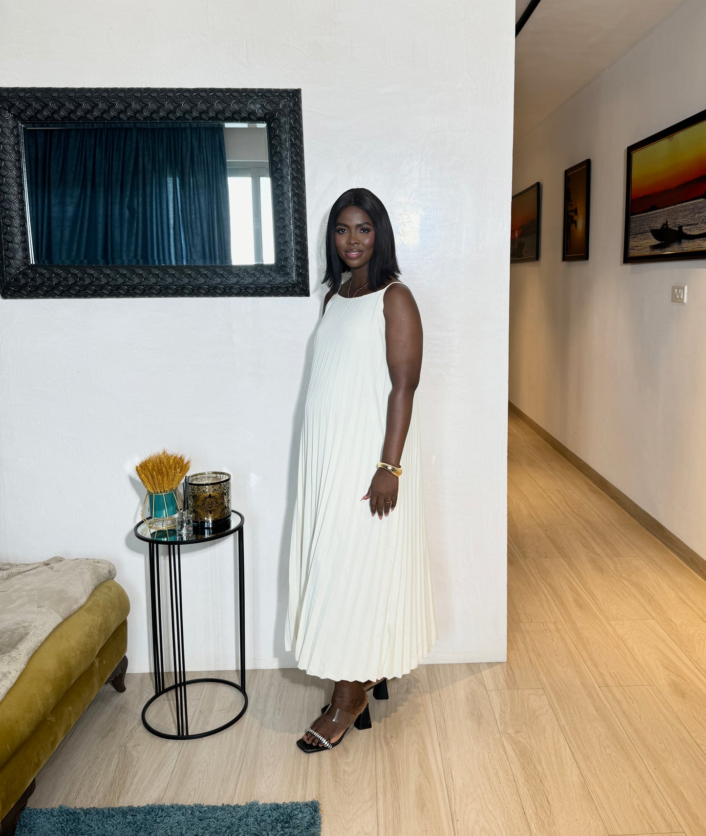 Cream Spaghetti Sleeve Pleated Maternity Midi Dress