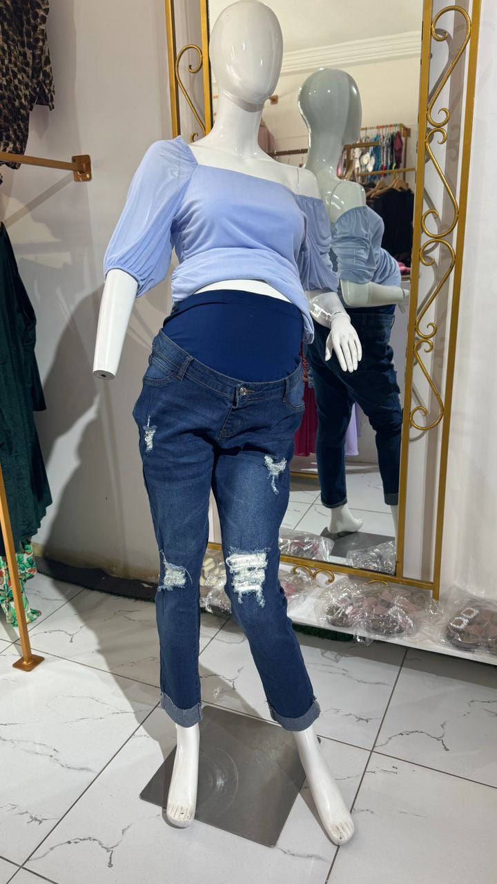 Maternity Fold Over Hem Distressed Jeans