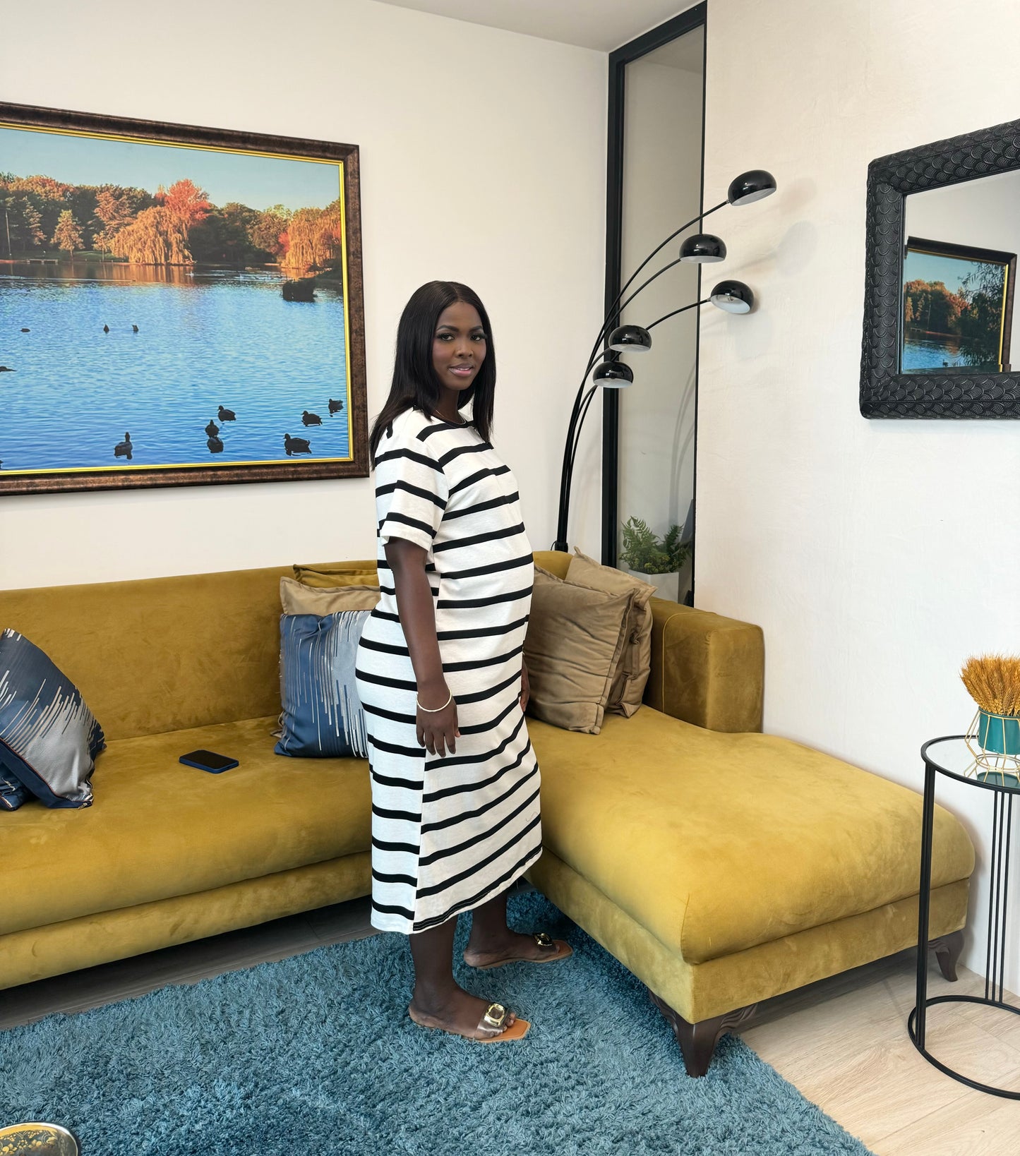 Black Striped Midi Maternity T-Shirt Dress