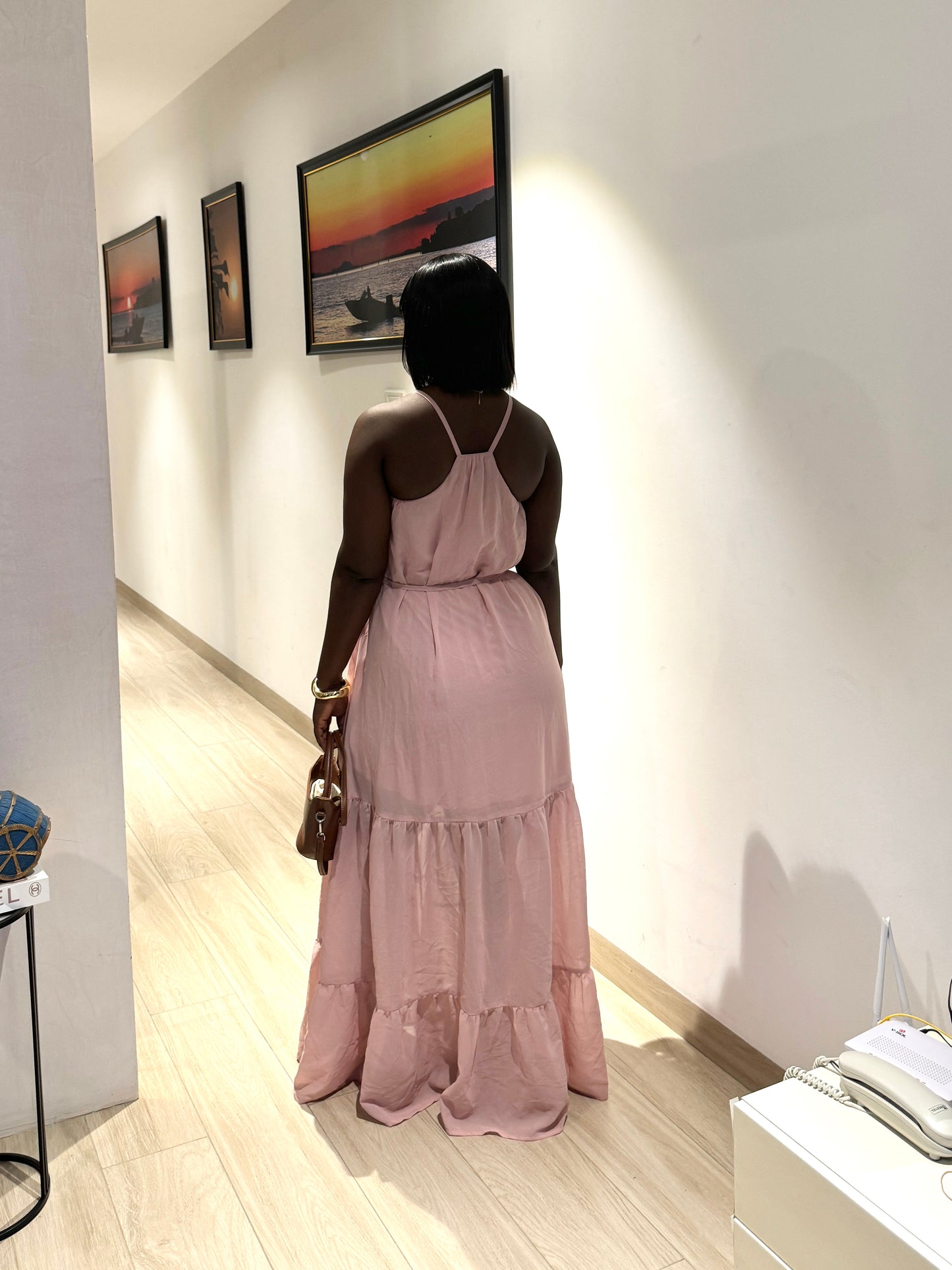 Pink Maternity Halterneck Belted Maxi Dress