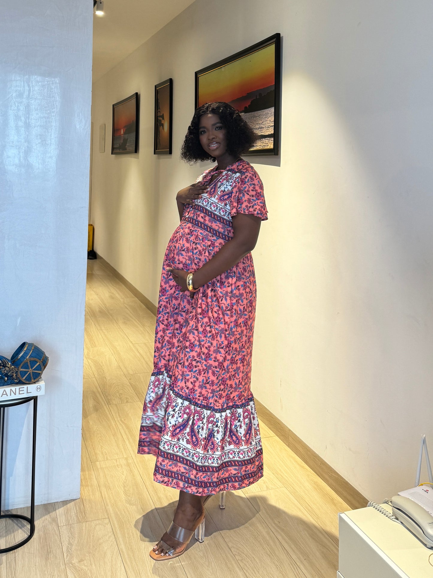 Button Front Maternity/Nursing Belted Midi Dress