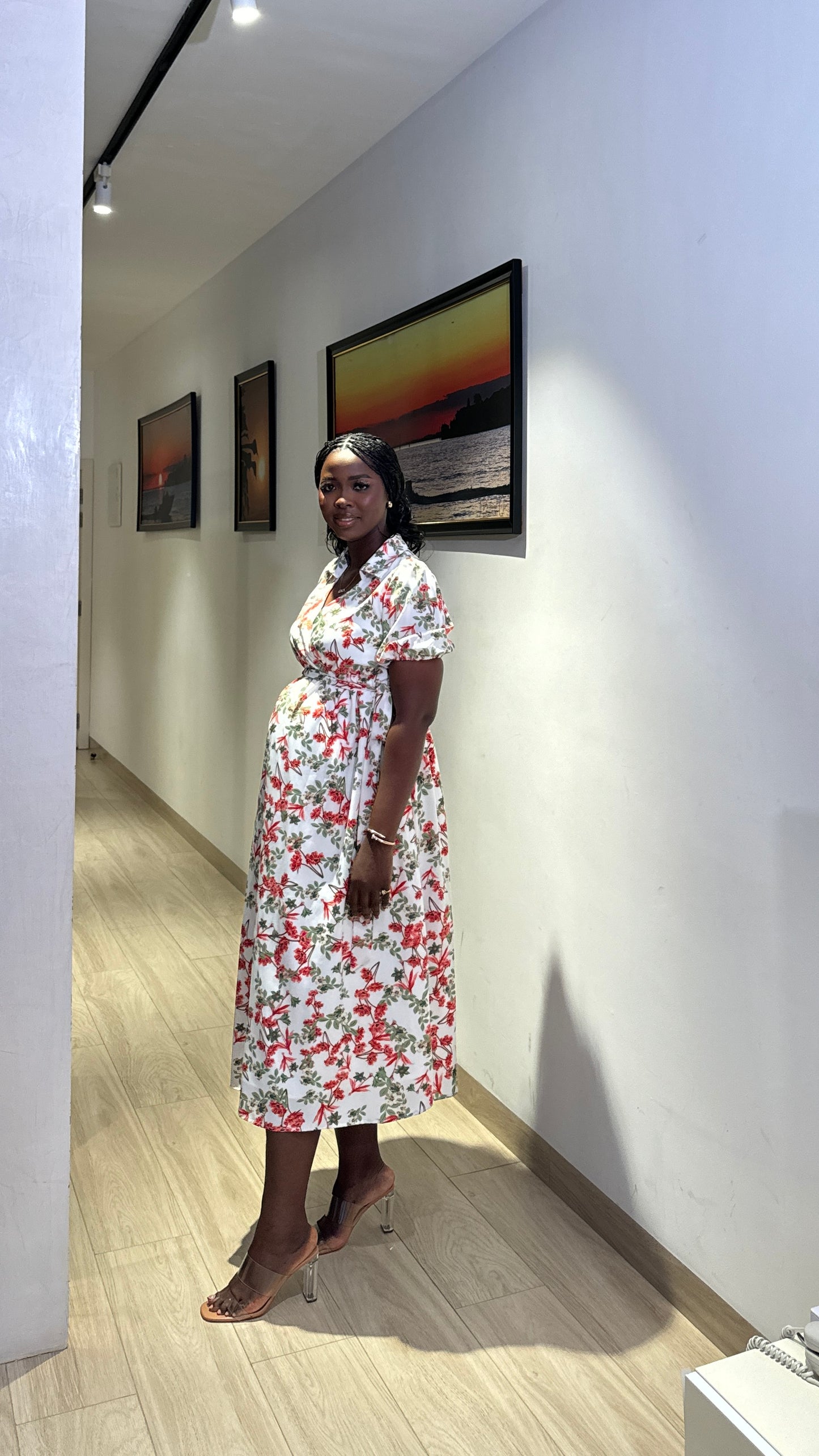 Festive Print Collared Neck Gathered Dress