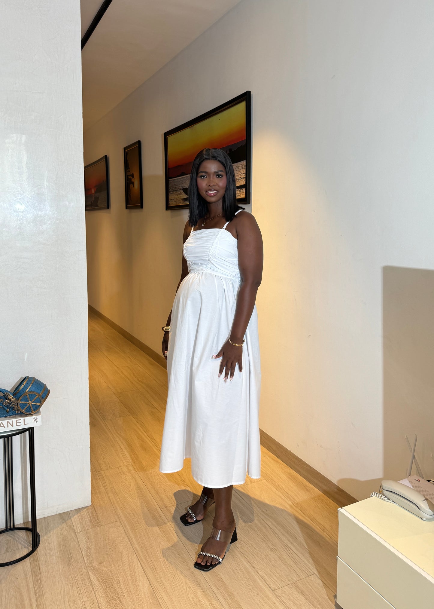 White Removable Strap Midi Cotton Maternity Dress