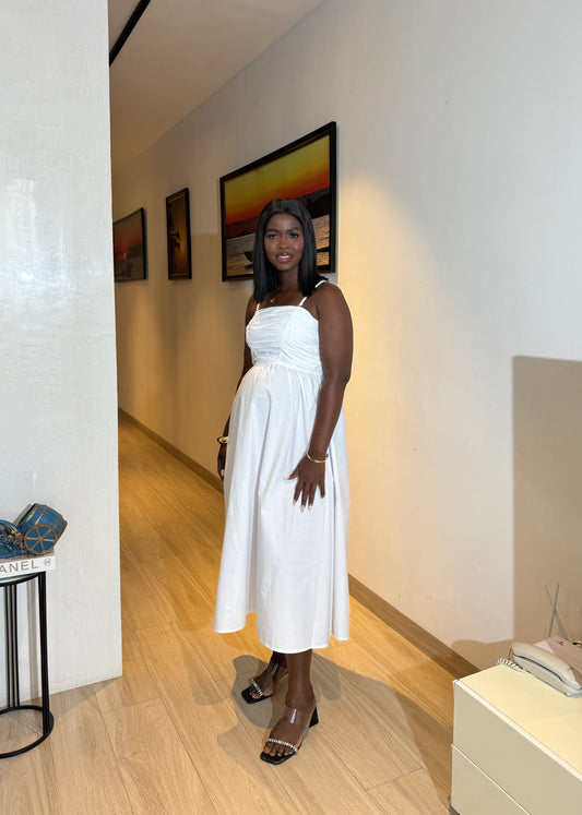 White Removable Strap Midi Cotton Maternity Dress