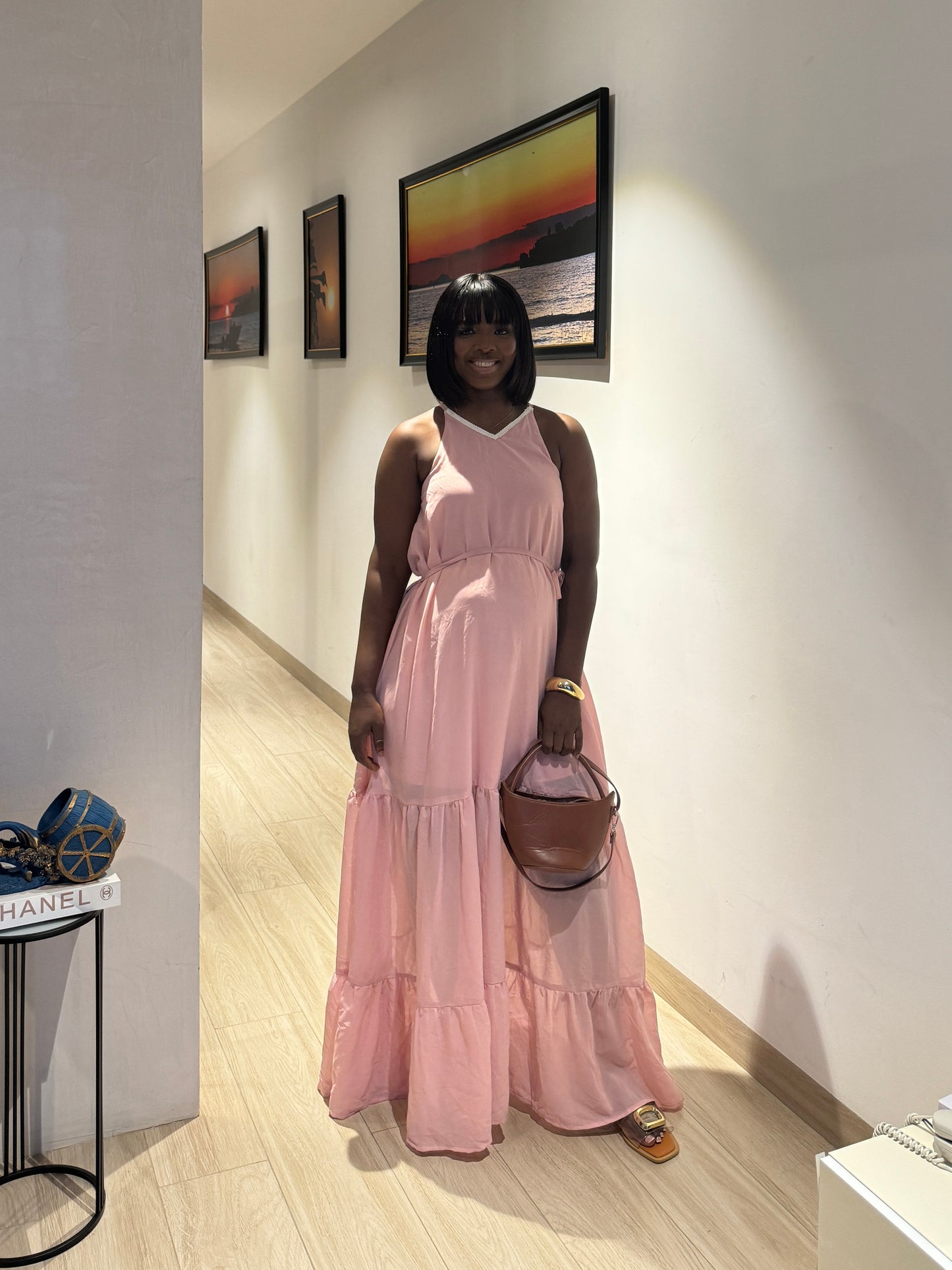 Pink Maternity Halterneck Belted Maxi Dress