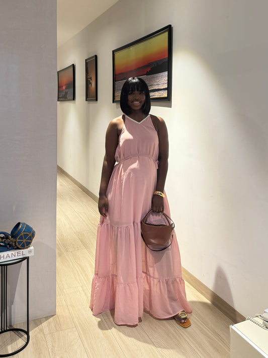 Pink Maternity Halterneck Belted Maxi Dress