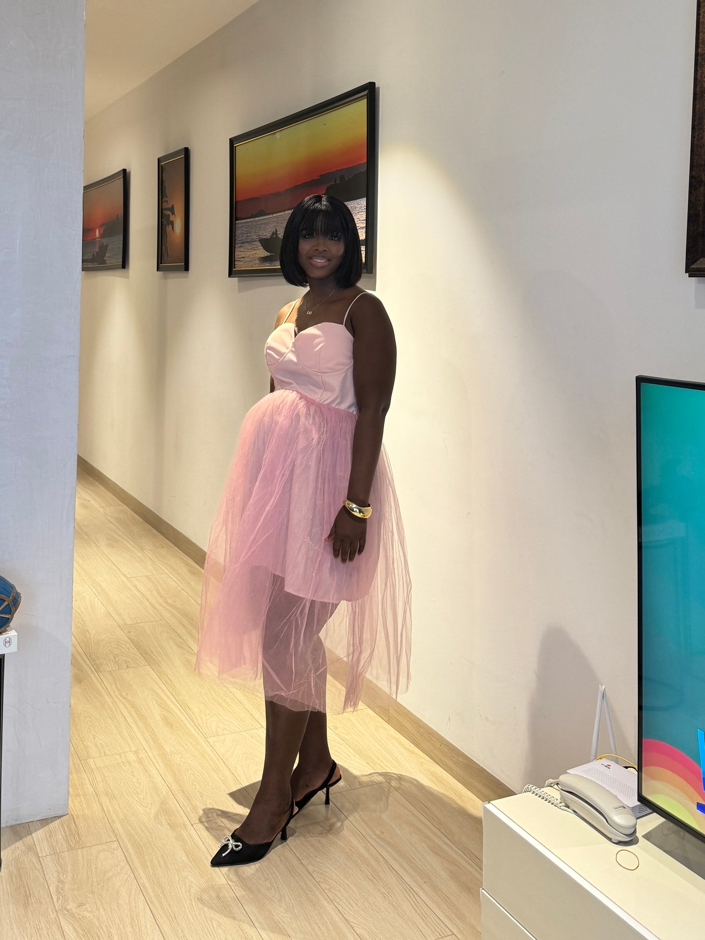 Pink Shirred Back Maternity Tulle Bottom Dress