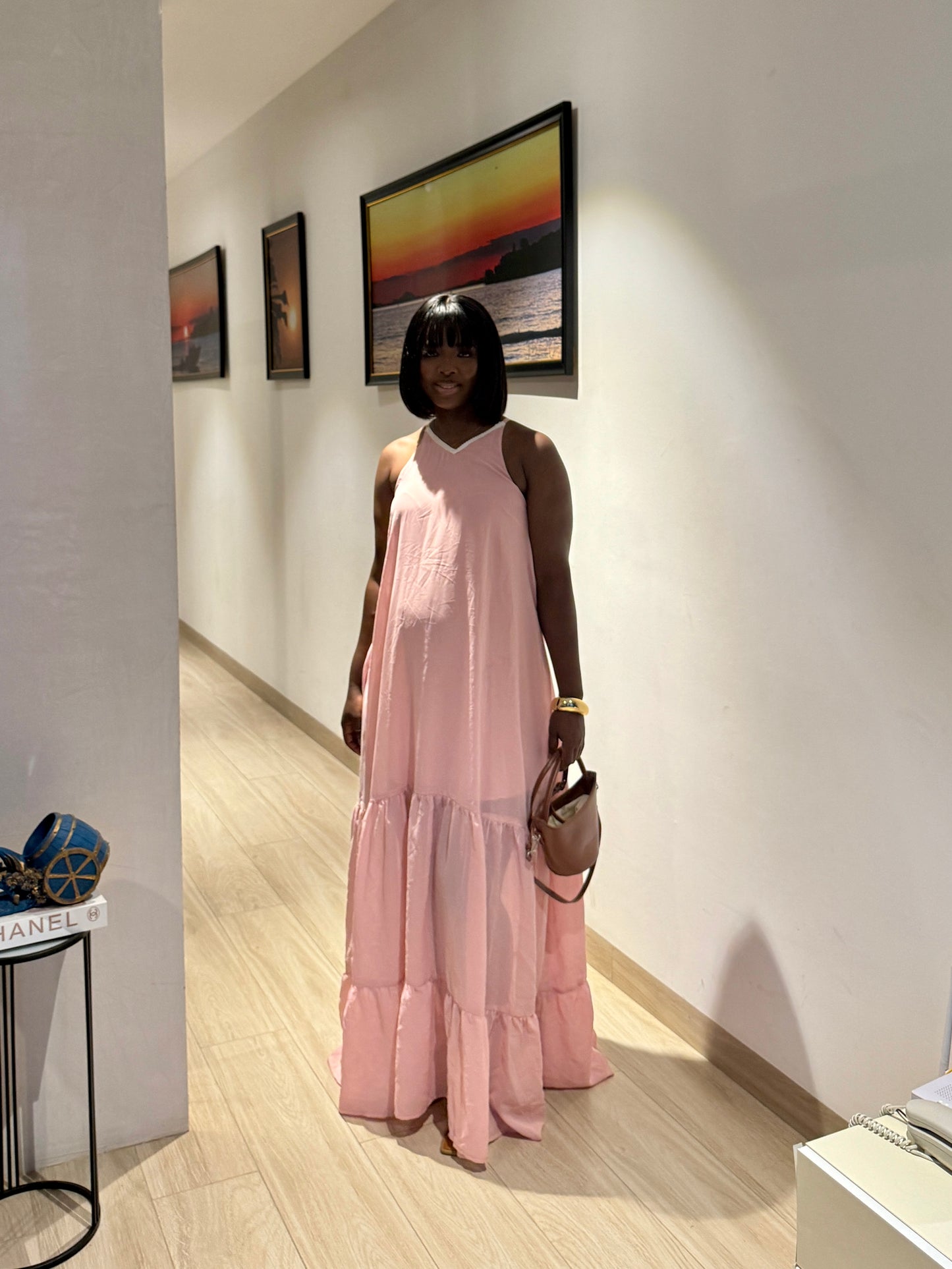 Pink Maternity Halterneck Belted Maxi Dress