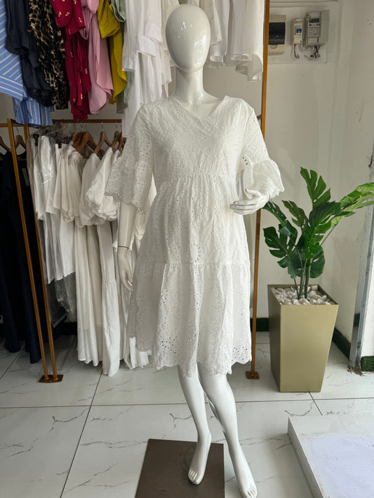Broderie Lace Cotton Maternity Tiered Smock Dress
