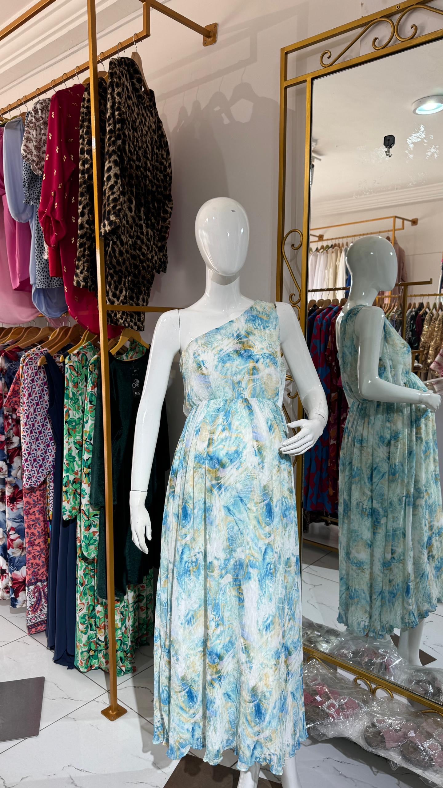 One Hand Maternity elastic waist watercolor print dress for pregnant bump