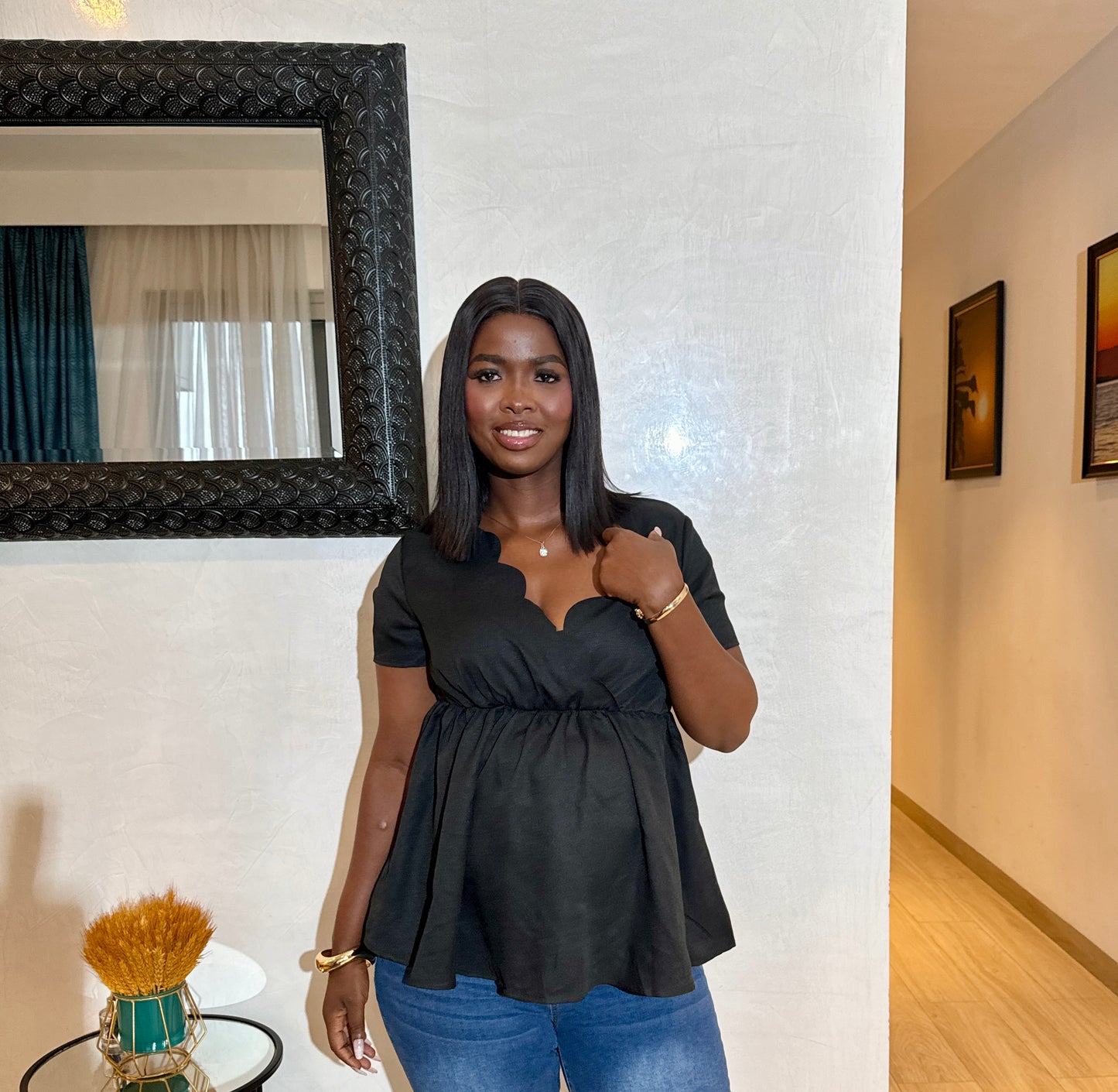 Maternity Scallop Neck Gathered Top for Pregnant Women