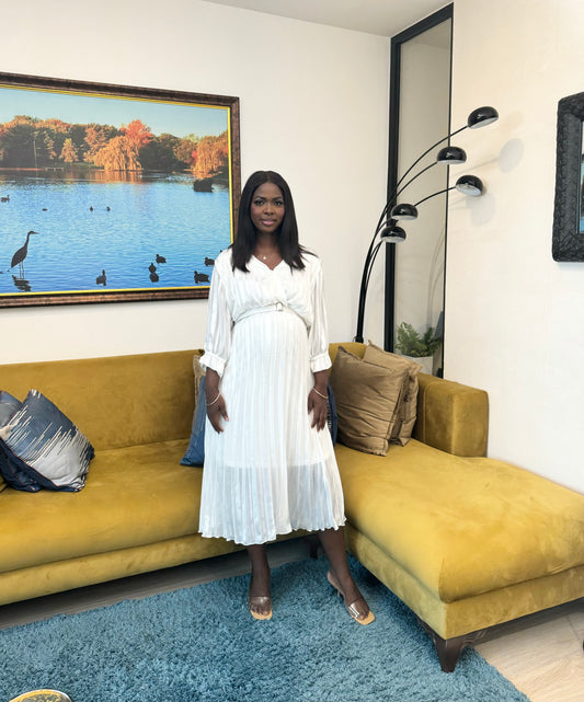 Chiffon Belted White Maternity Pleated Dress