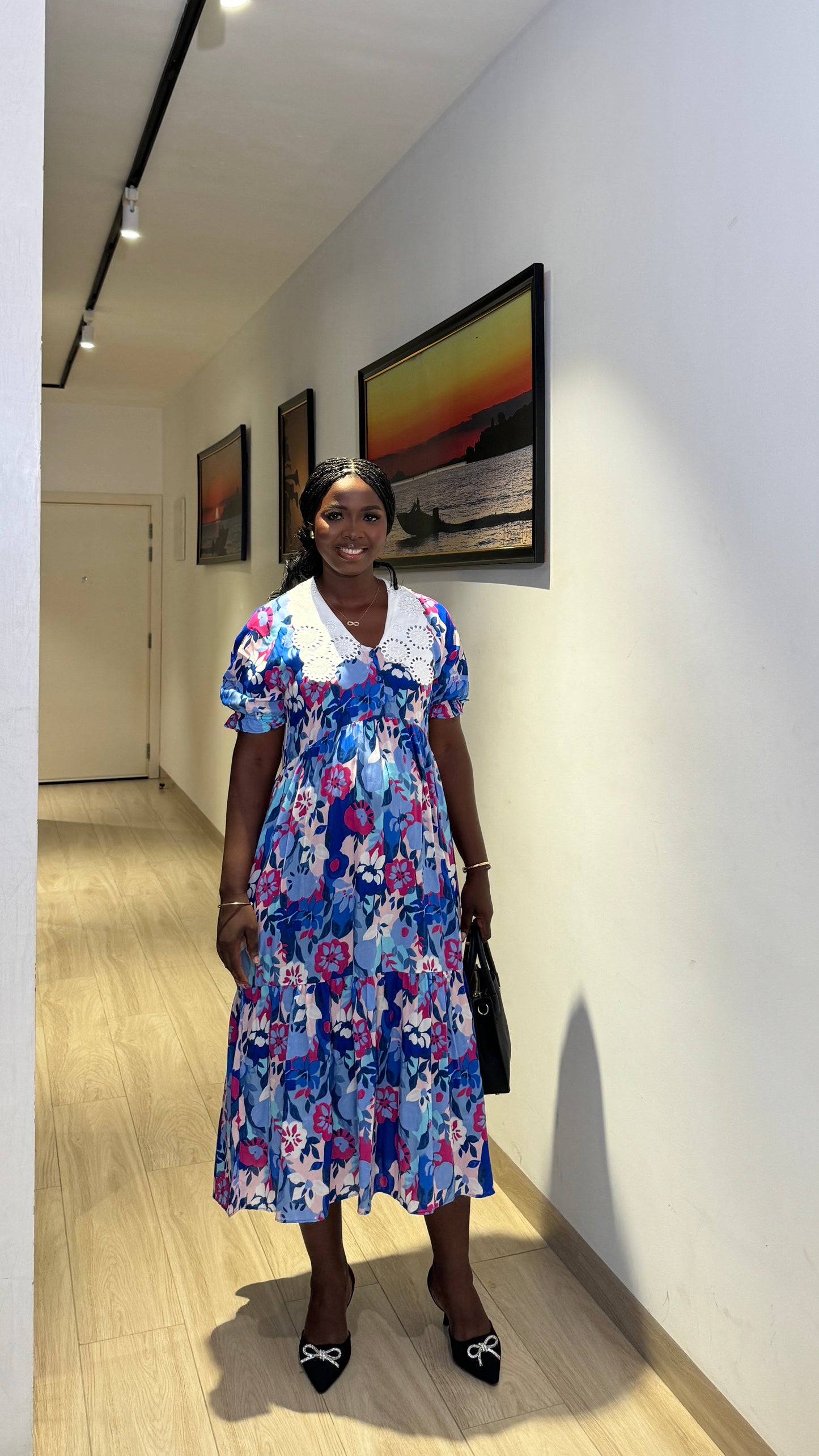 Blue Multi Collared Empire Waist Maternity&Nursing Dress