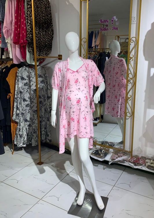 2 in 1 Pink “Flower Print” Nursing Nightgown and Robe Belted Set.