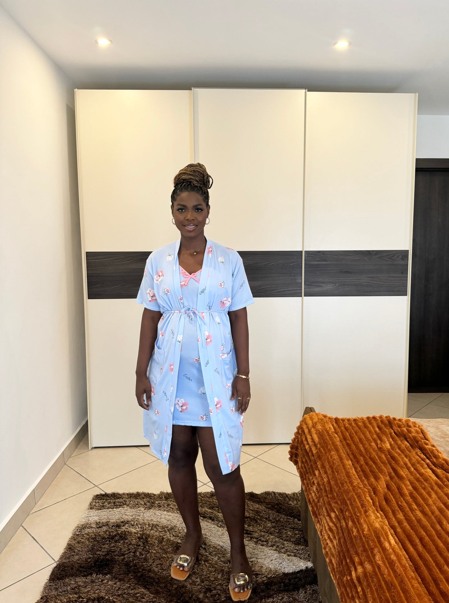 2 in 1 Blue “Easter Print” Nursing Nightgown and Robe Belted Set.